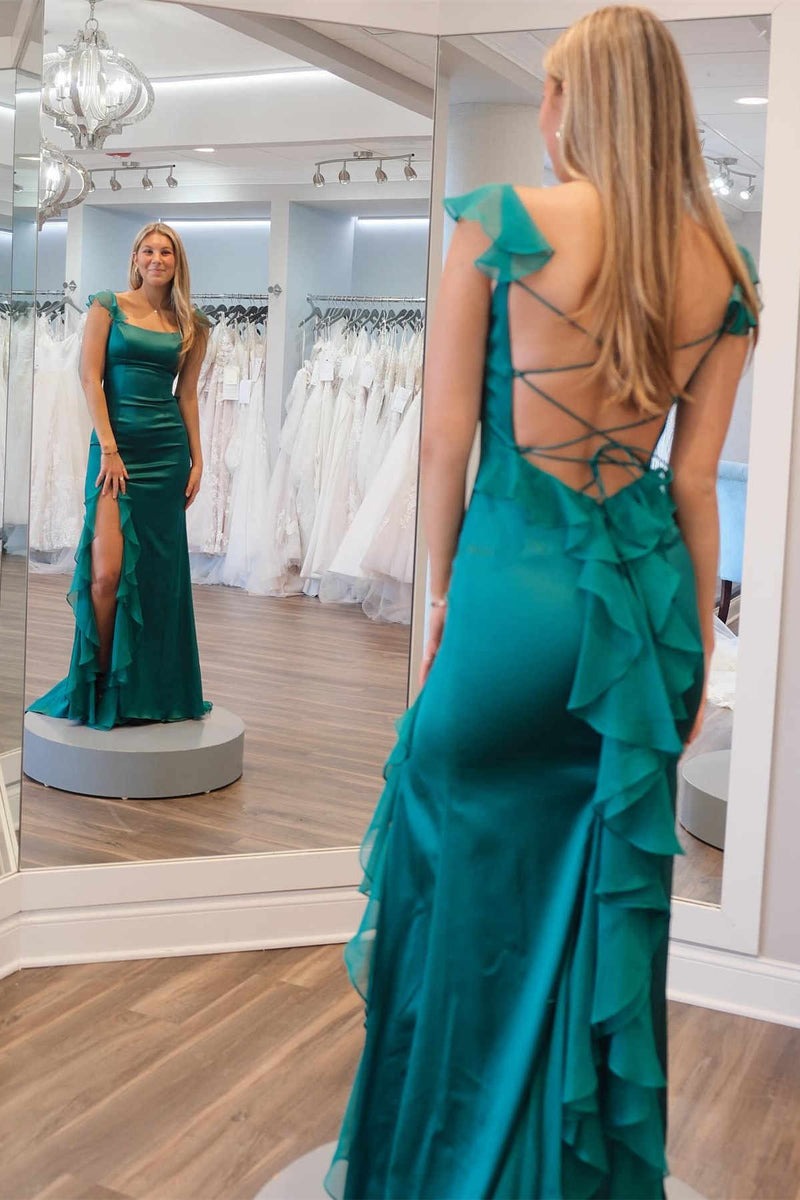 Square Neck Ruffle Slit Prom Dress
