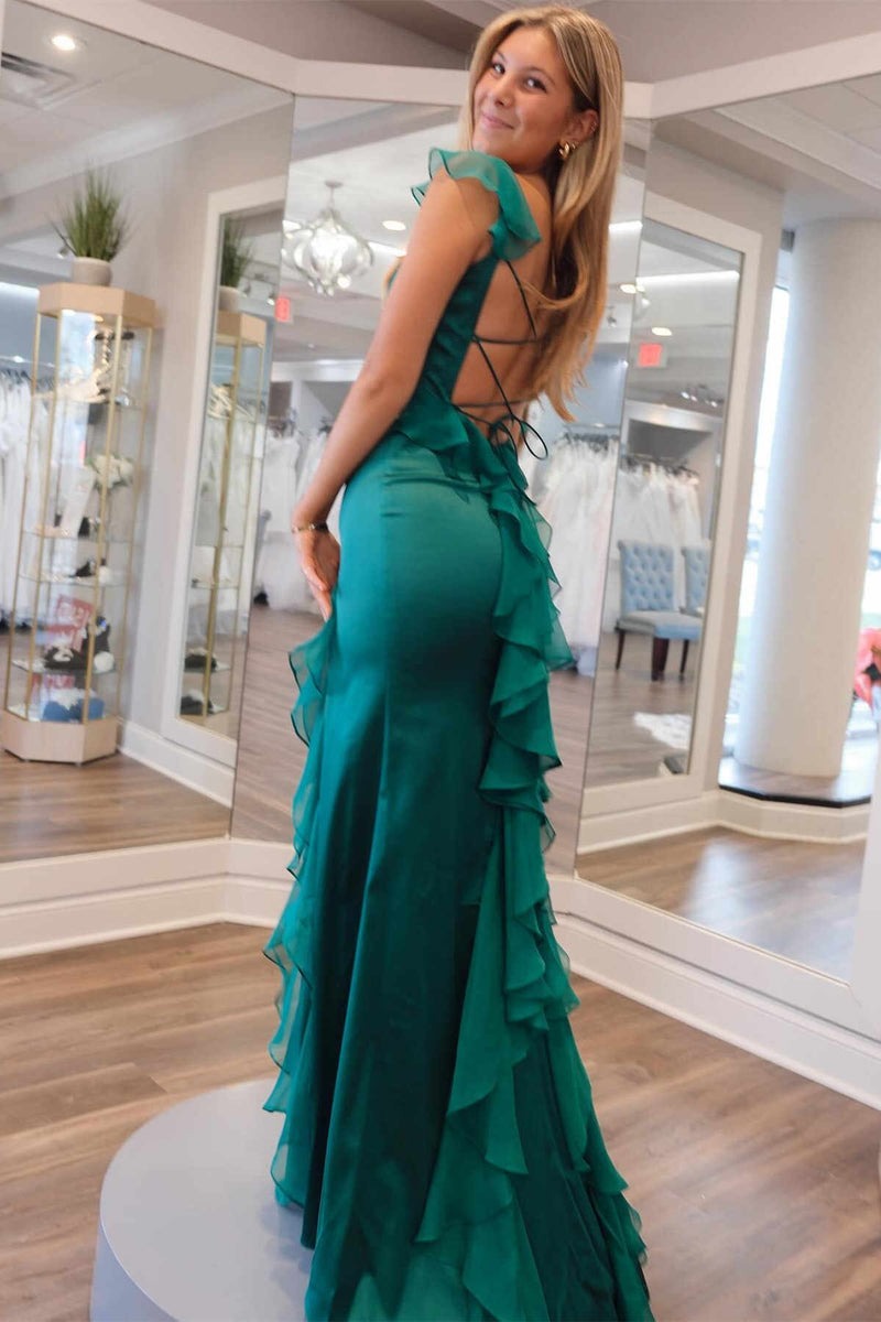Square Neck Ruffle Slit Prom Dress