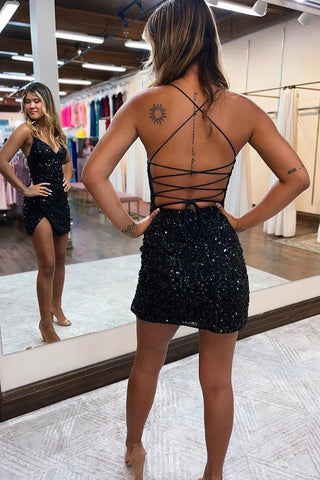 V-Neck Bodycon Sequined Homecoming Dress
