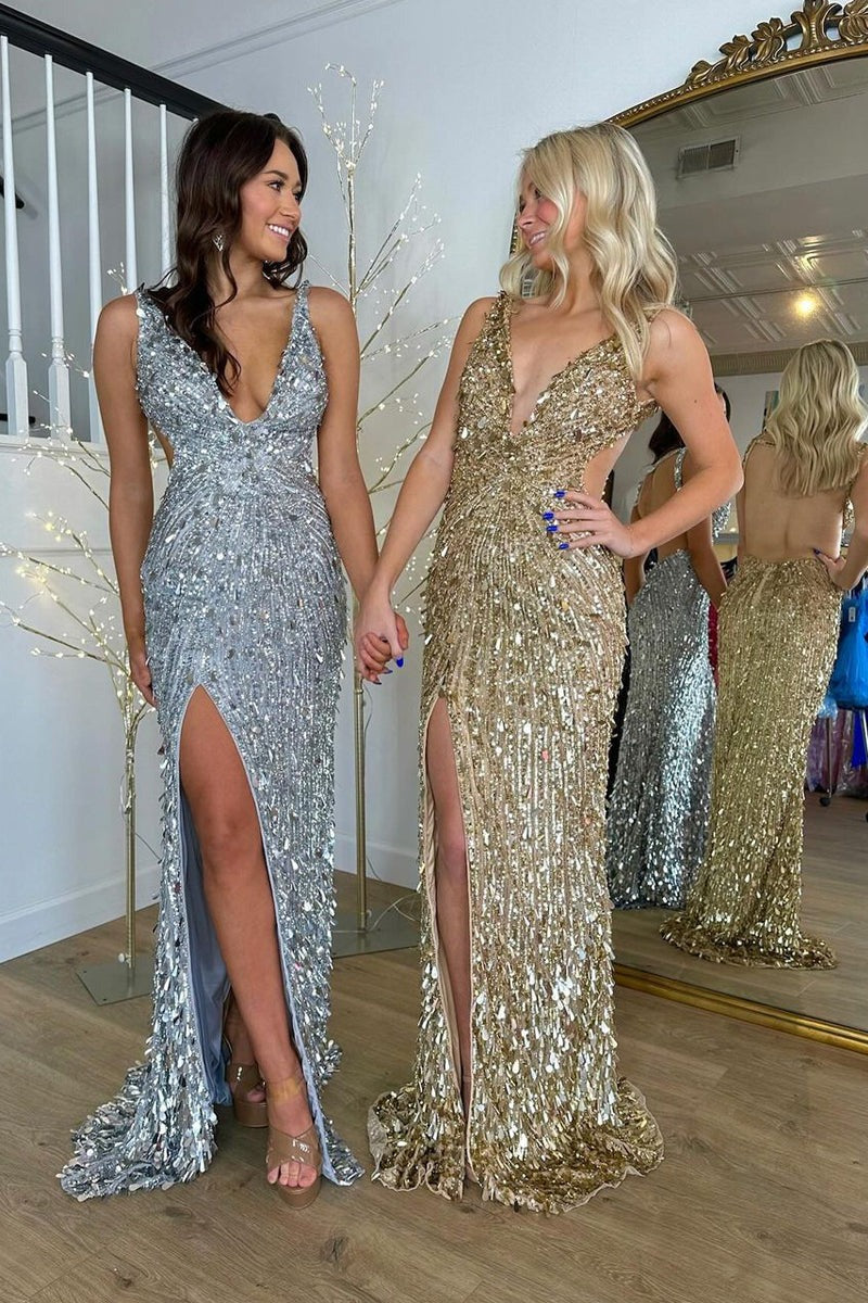 Mermaid Sequins Long Prom Dresses with Slit
