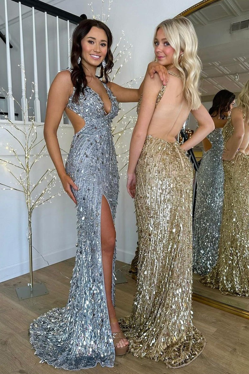 Mermaid Sequins Long Prom Dresses with Slit