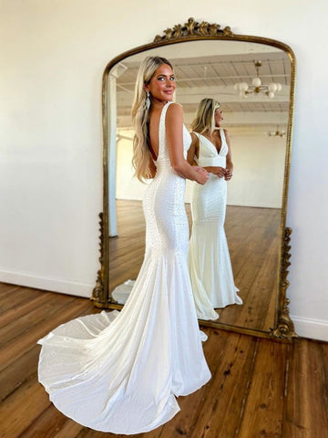 Deep V-Neck Mermaid  Beaded Satin Long Prom Dress