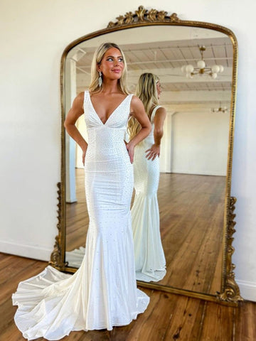 Deep V-Neck Mermaid  Beaded Satin Long Prom Dress
