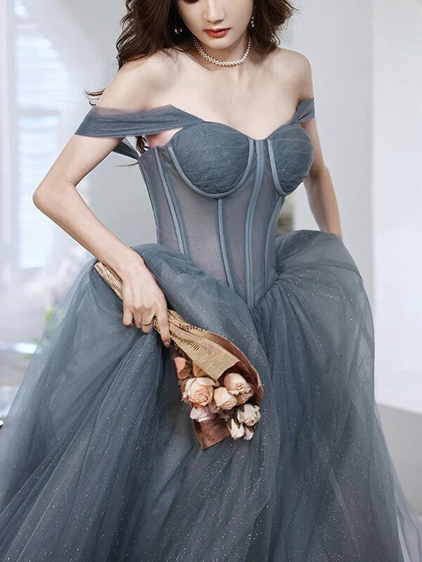 A-line  Off-the-Shoulder Tulle Long Prom Dresses, Evening Gowns