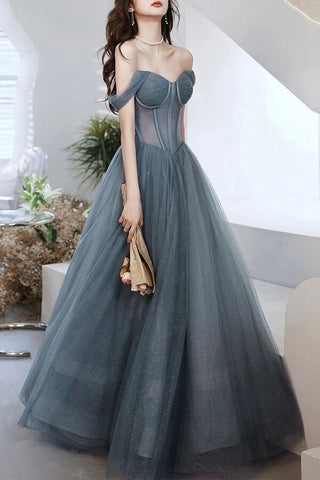 A-line  Off-the-Shoulder Tulle Long Prom Dresses, Evening Gowns