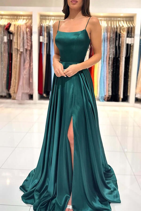A-line Square Neck  Prom Dresses With Slit, Party Dresses