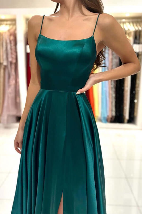 A-line Square Neck  Prom Dresses With Slit, Party Dresses