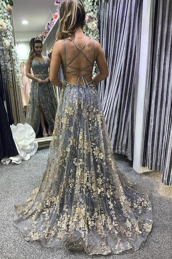 Tulle Sequins Spaghetti Straps Prom Dresses With Slit