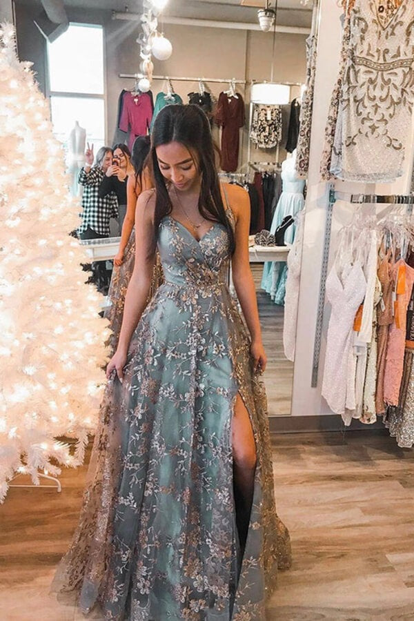 Tulle Sequins Spaghetti Straps Prom Dresses With Slit