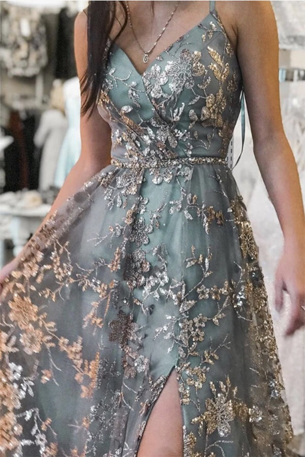 Tulle Sequins Spaghetti Straps Prom Dresses With Slit
