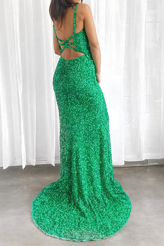 Mermaid Evening Dress V-Neck Sequin Green Prom Dress with Slit