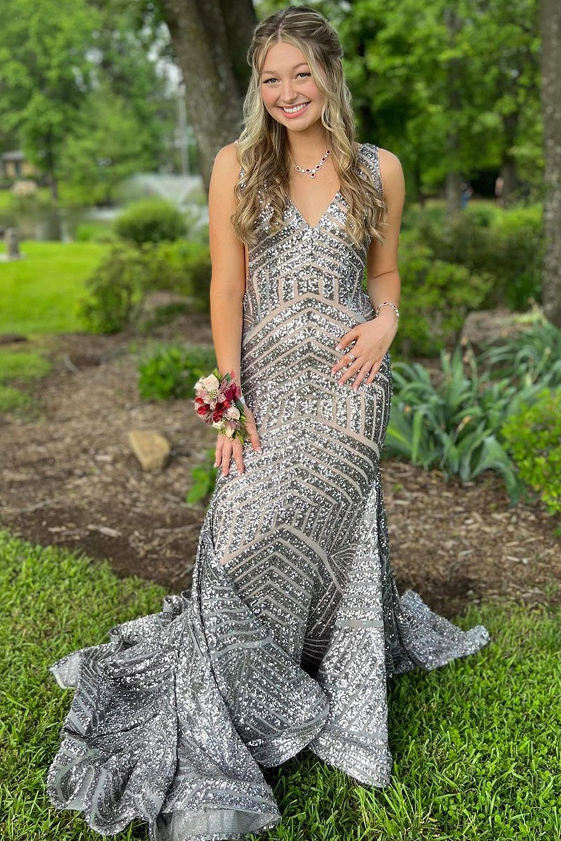 Deep V Neck Mermaid  Sequins Prom Dress