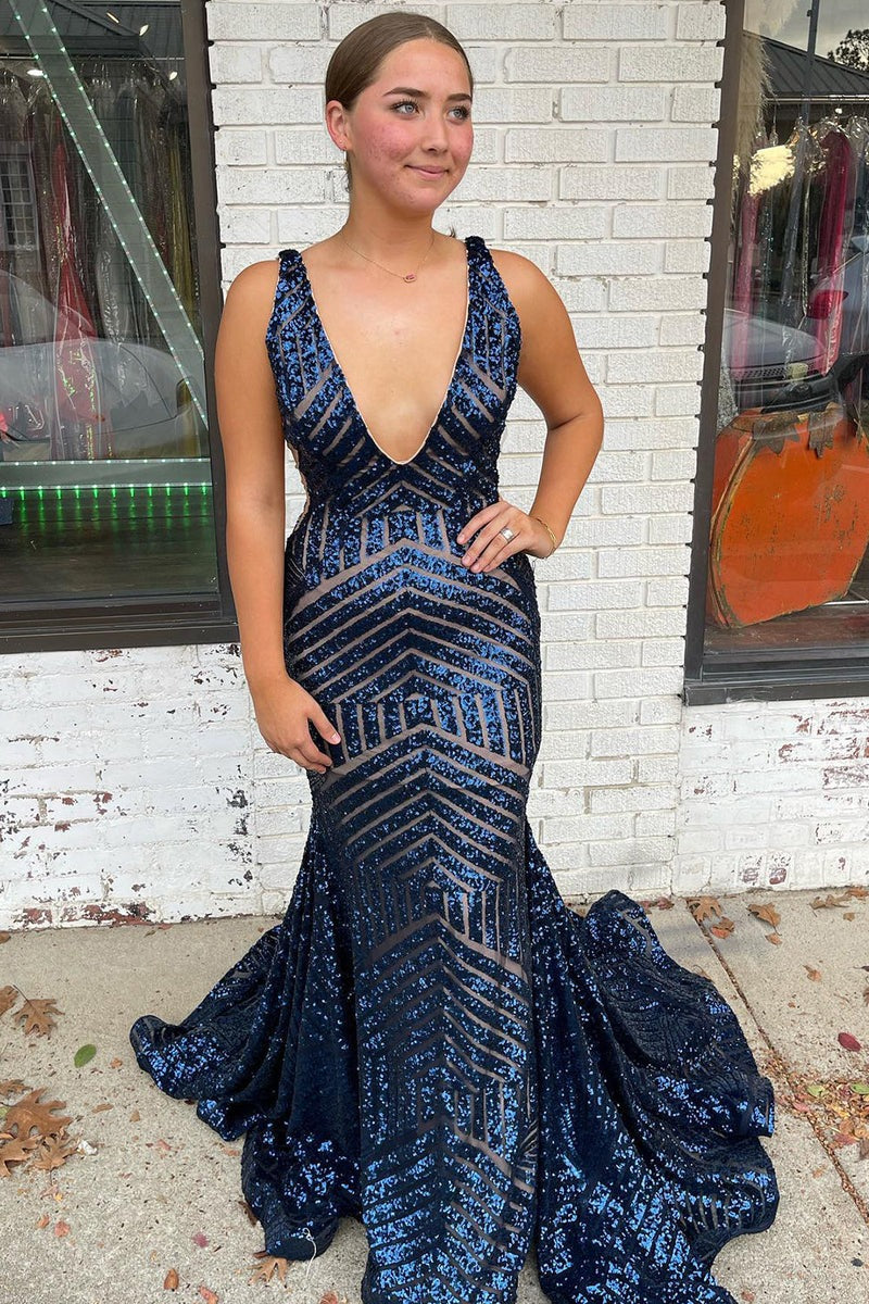 Deep V Neck Mermaid  Sequins Prom Dress