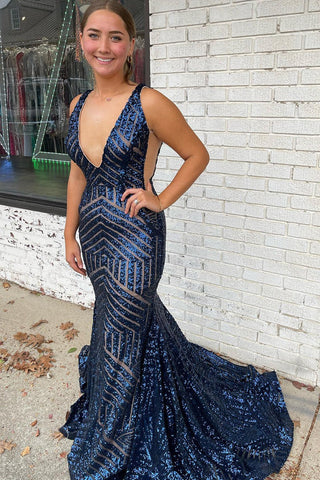 Deep V Neck Mermaid  Sequins Prom Dress