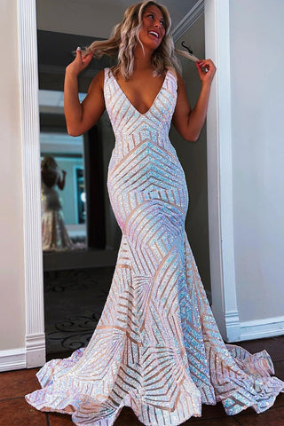 Deep V Neck Mermaid  Sequins Prom Dress
