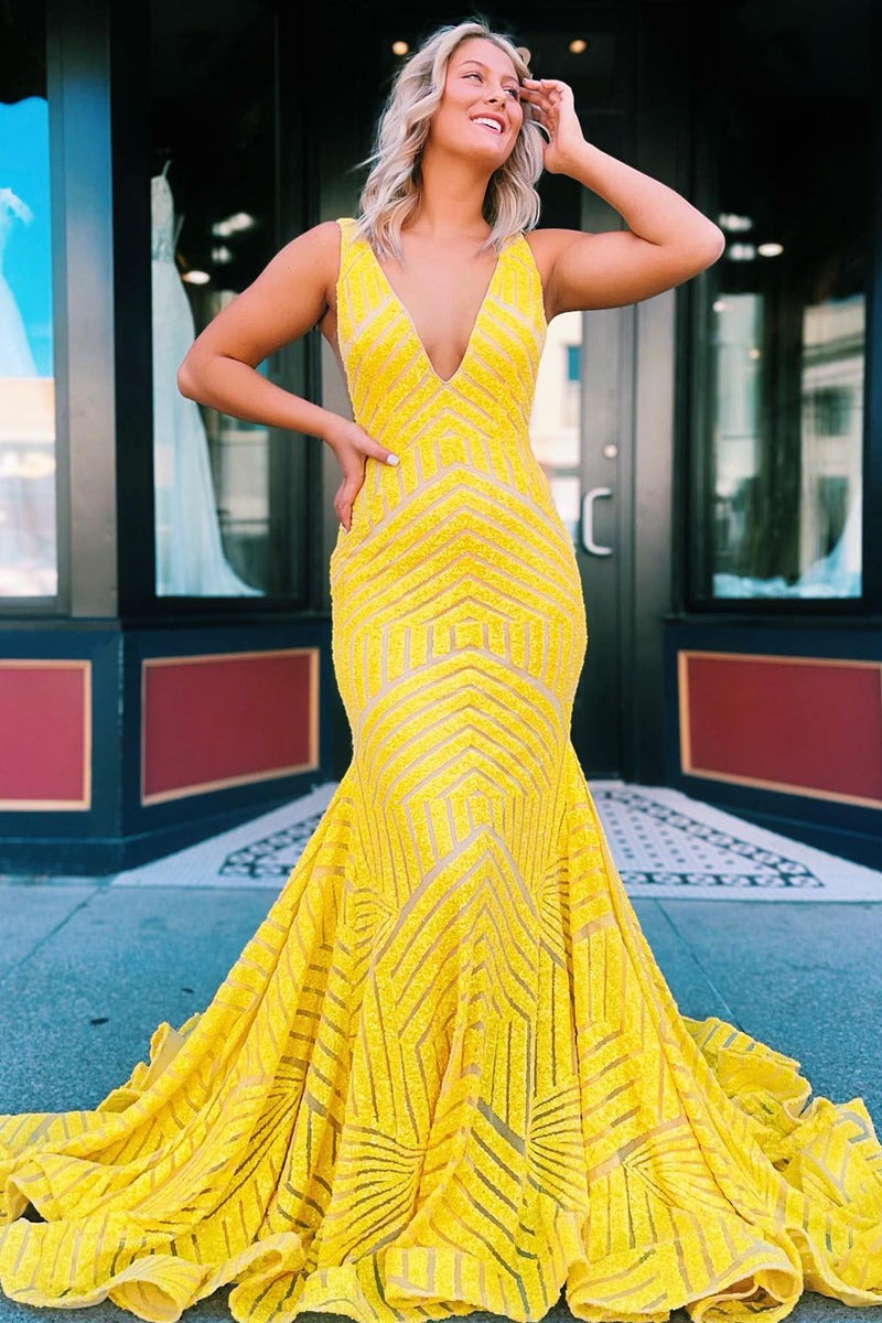 Deep V Neck Mermaid  Sequins Prom Dress
