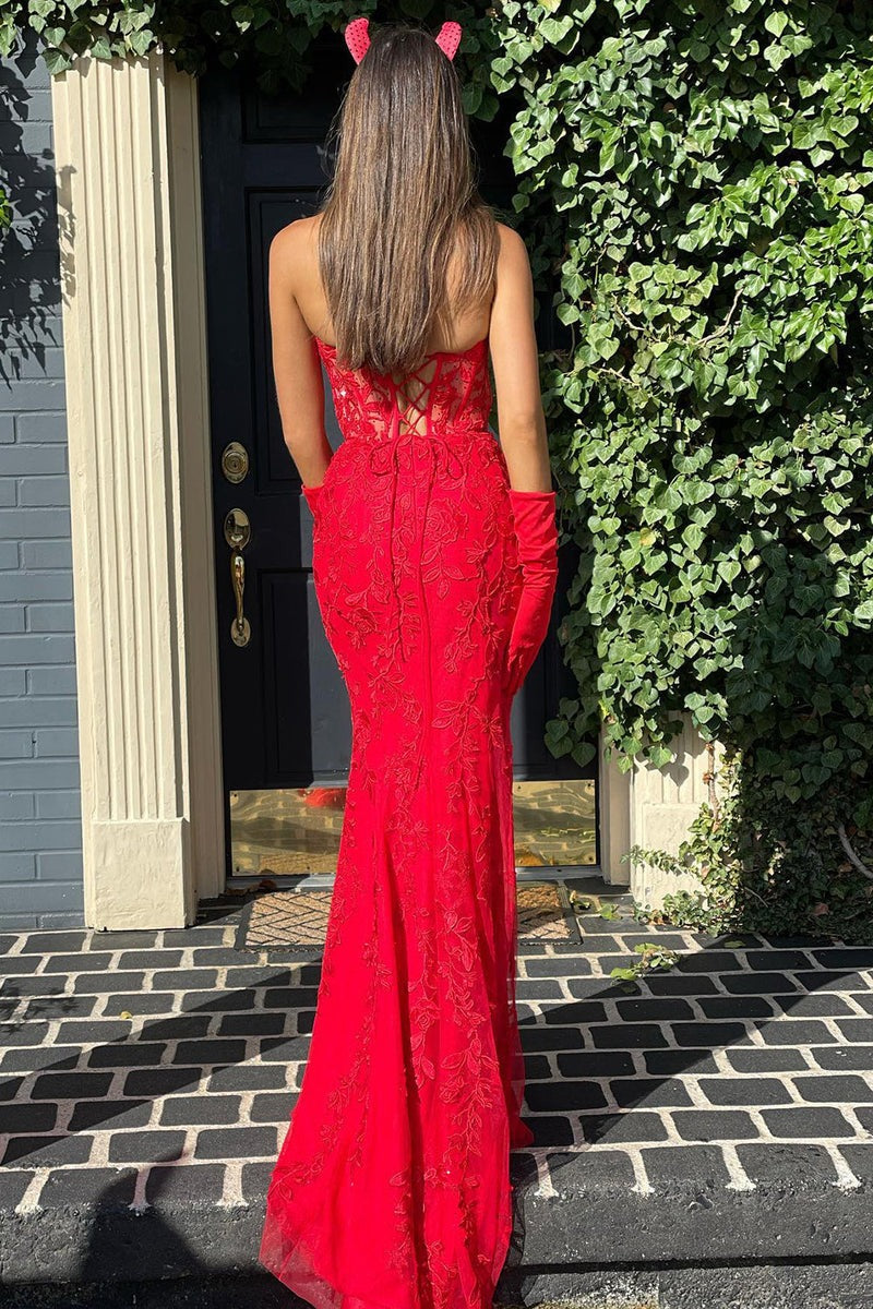 Lace Mermaid Strapless  Prom Dress With Appliques