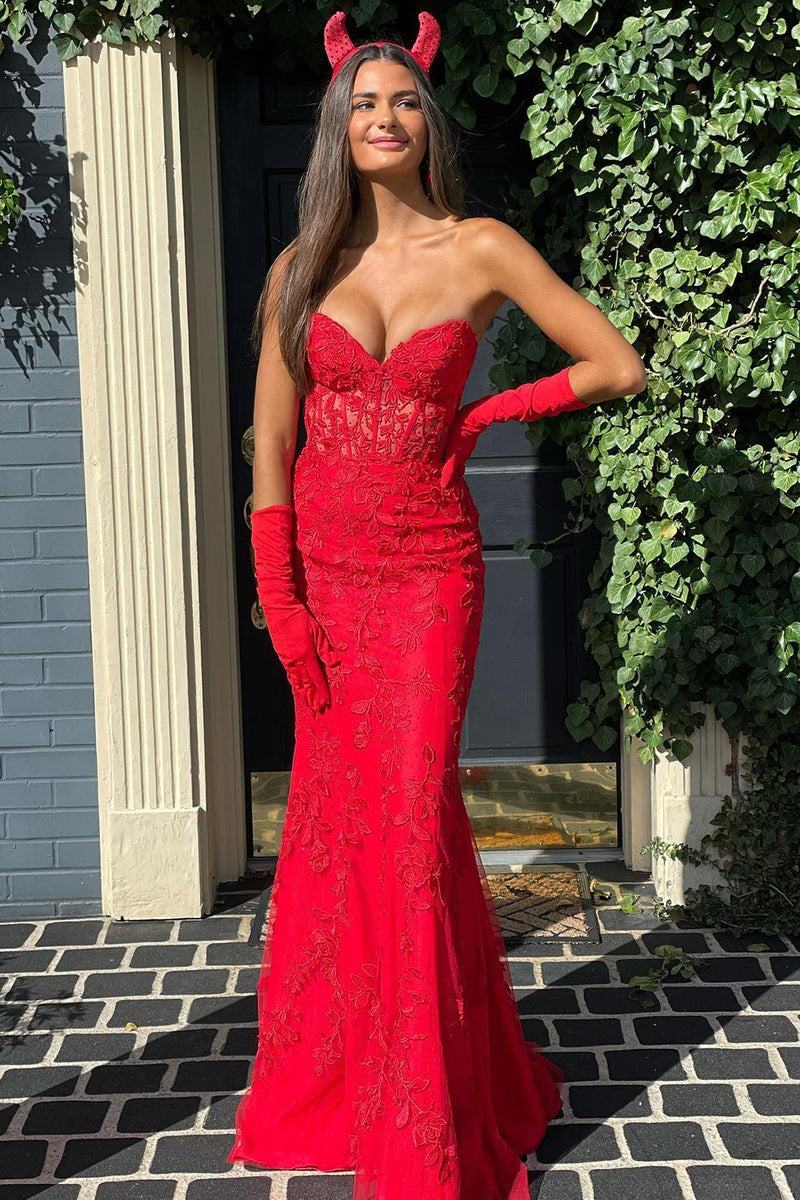 Lace Mermaid Strapless  Prom Dress With Appliques