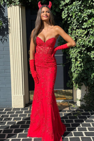 Lace Mermaid Strapless  Prom Dress With Appliques
