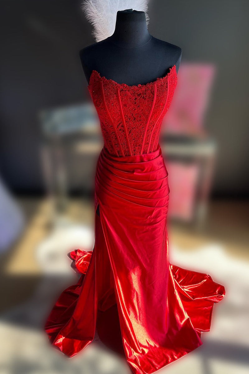 Strapless Corset Sheath  Satin Prom Dress with Slit