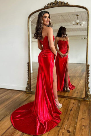 Strapless Corset Sheath  Satin Prom Dress with Slit