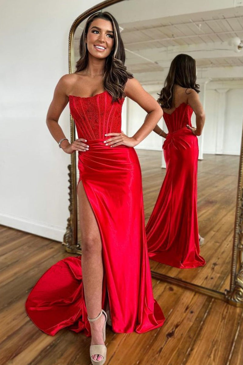 Strapless Corset Sheath  Satin Prom Dress with Slit