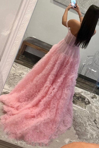A Line Off the Shoulder Tulle Ruffled  Prom Dress with Slit