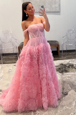 A Line Off the Shoulder Tulle Ruffled  Prom Dress with Slit