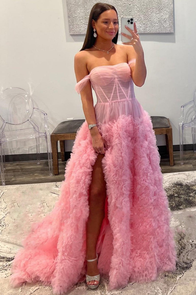 A Line Off the Shoulder Tulle Ruffled  Prom Dress with Slit