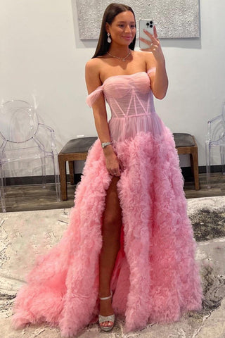 A Line Off the Shoulder Tulle Ruffled  Prom Dress with Slit