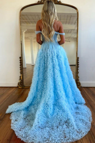 A Line Off the Shoulder Tulle Ruffled  Prom Dress with Slit