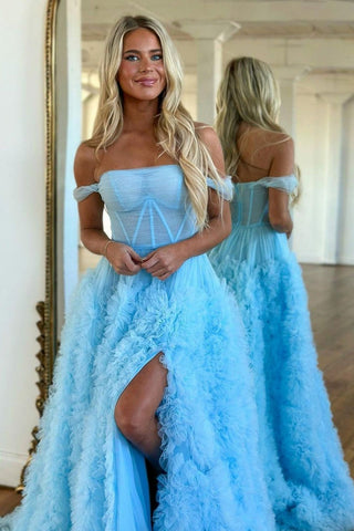 A Line Off the Shoulder Tulle Ruffled  Prom Dress with Slit