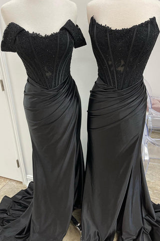 Mermaid Satin Off the Shoulder  Prom Dress with Slit