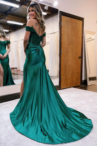 Mermaid Satin Off the Shoulder  Prom Dress with Slit