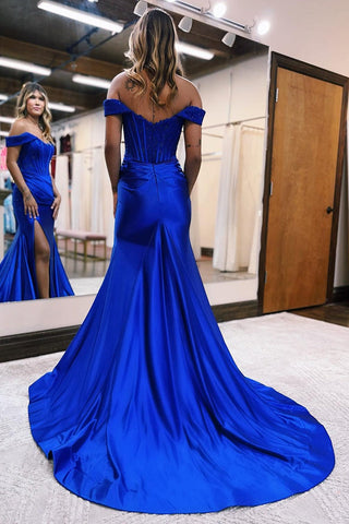 Mermaid Satin Off the Shoulder  Prom Dress with Slit