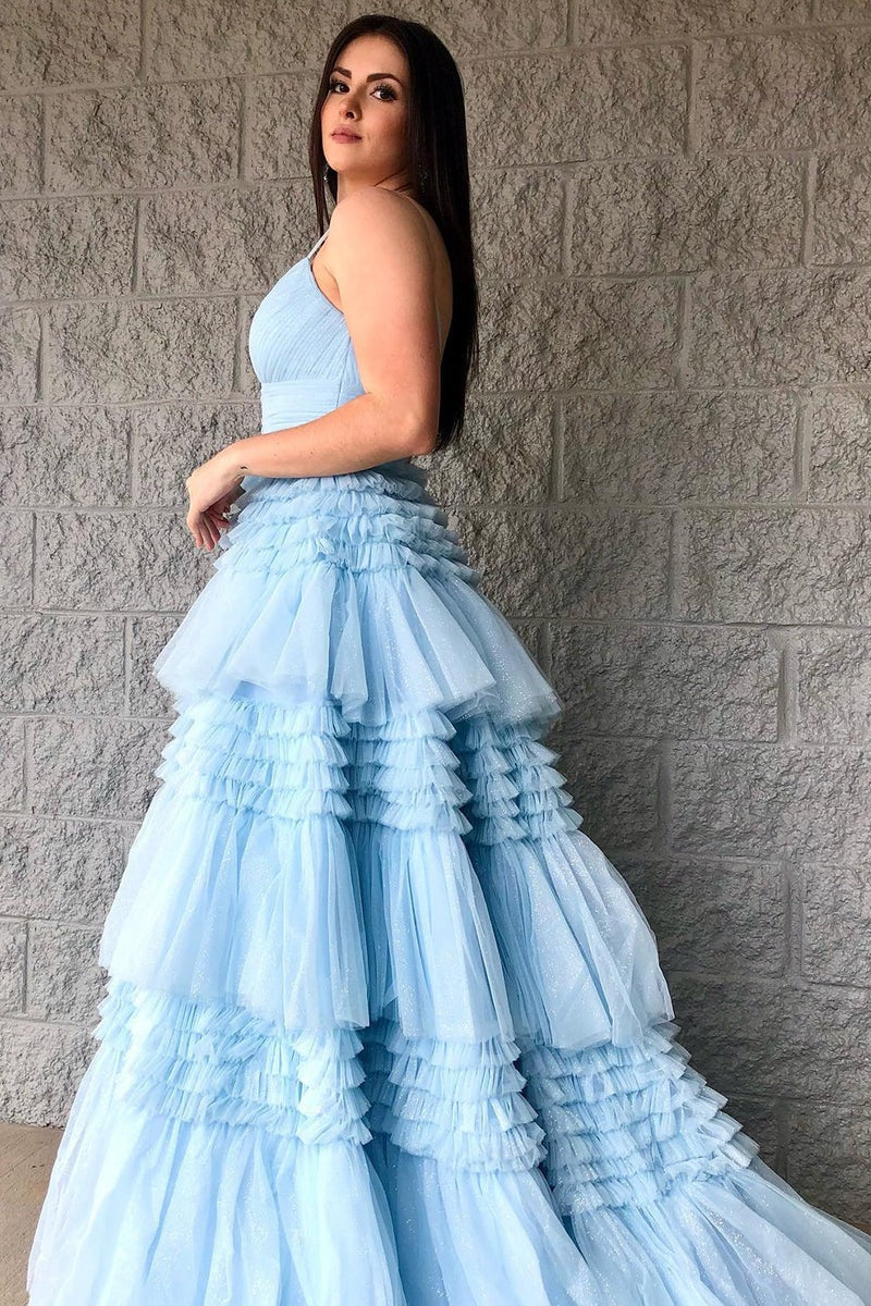 V Neck Spaghetti Straps Tulle Deep  Long Prom Dress