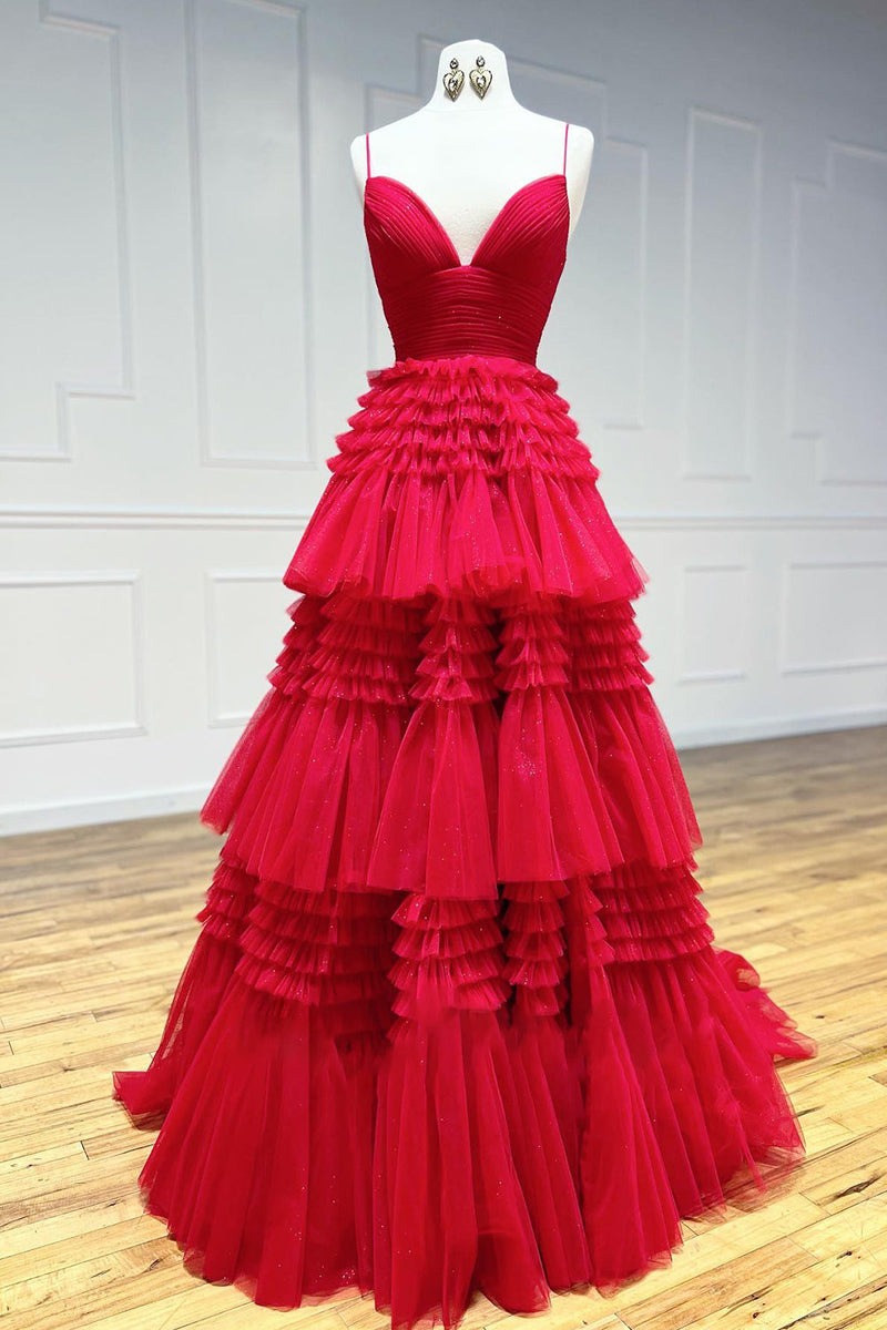 V Neck Spaghetti Straps Tulle Deep  Long Prom Dress