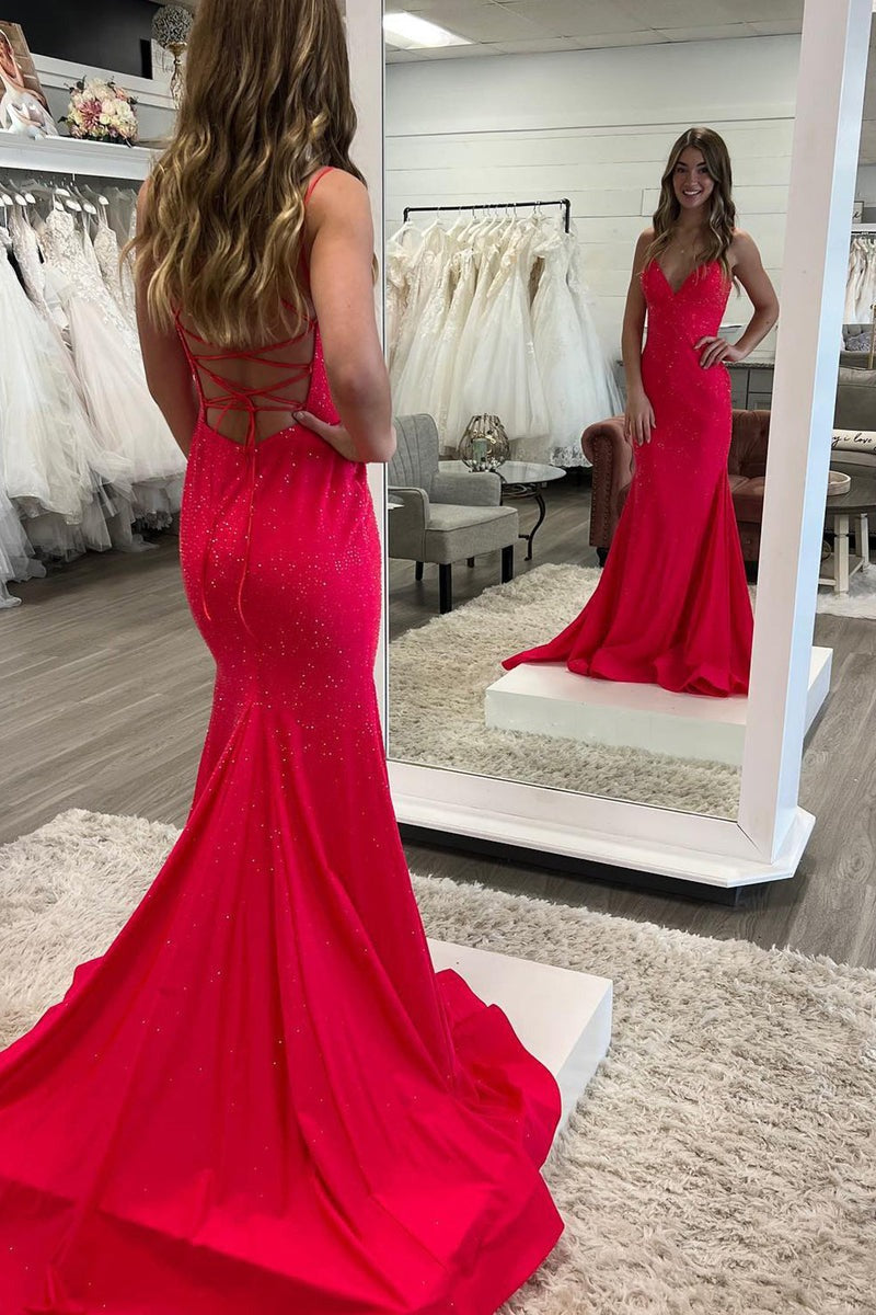 Beaded Satin Sparkly Mermaid V Neck Long Prom Dress