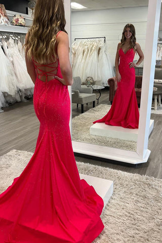 Beaded Satin Sparkly Mermaid V Neck Long Prom Dress