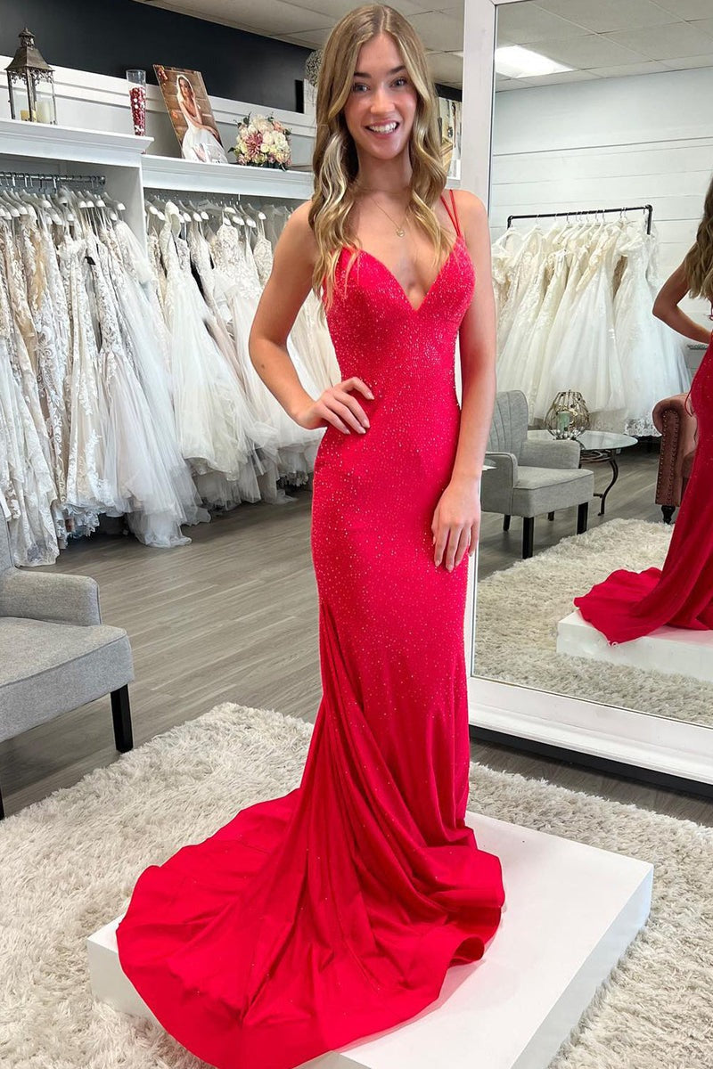 Beaded Satin Sparkly Mermaid V Neck Long Prom Dress