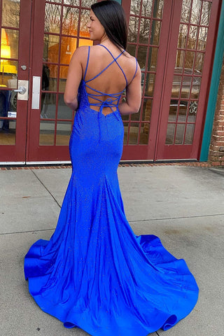 Beaded Satin Sparkly Mermaid V Neck Long Prom Dress