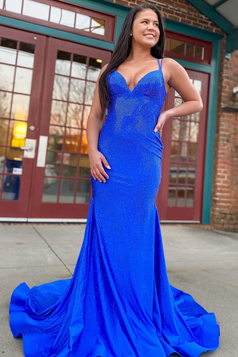 Beaded Satin Sparkly Mermaid V Neck Long Prom Dress