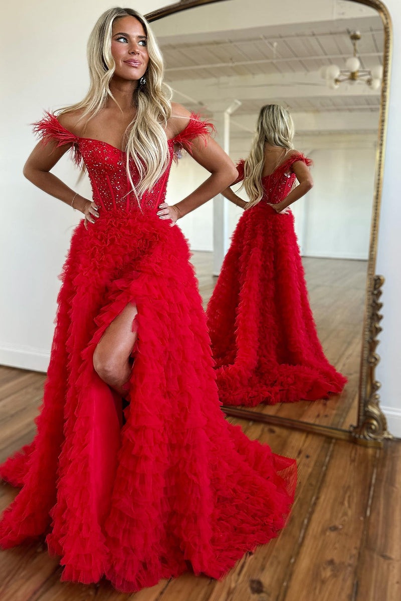 A Line Long Tiered Tulle Sweetheart   Prom Dress With Slit