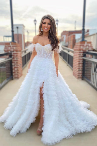A Line Long Tiered Tulle Sweetheart   Prom Dress With Slit