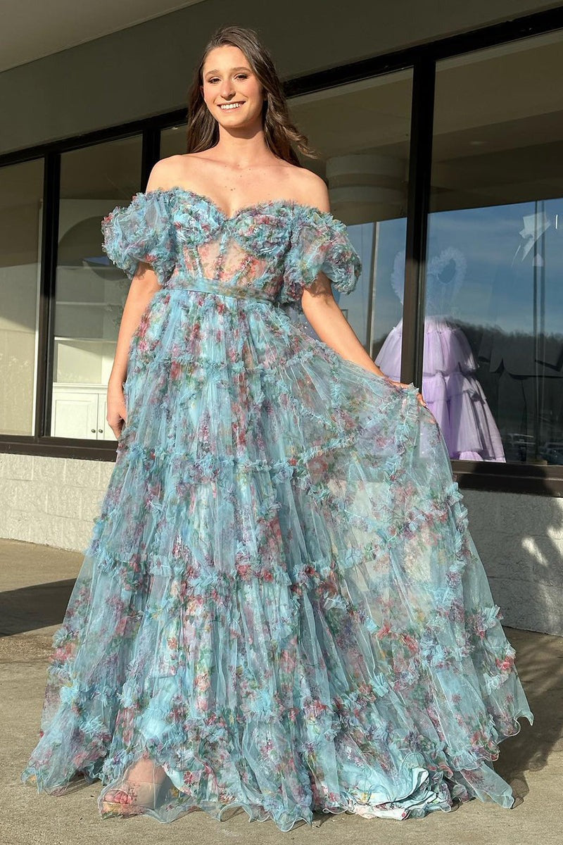 A Line Floral Tulle Off The Shoulder  Prom Dress