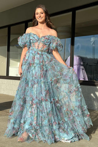 A Line Floral Tulle Off The Shoulder  Prom Dress