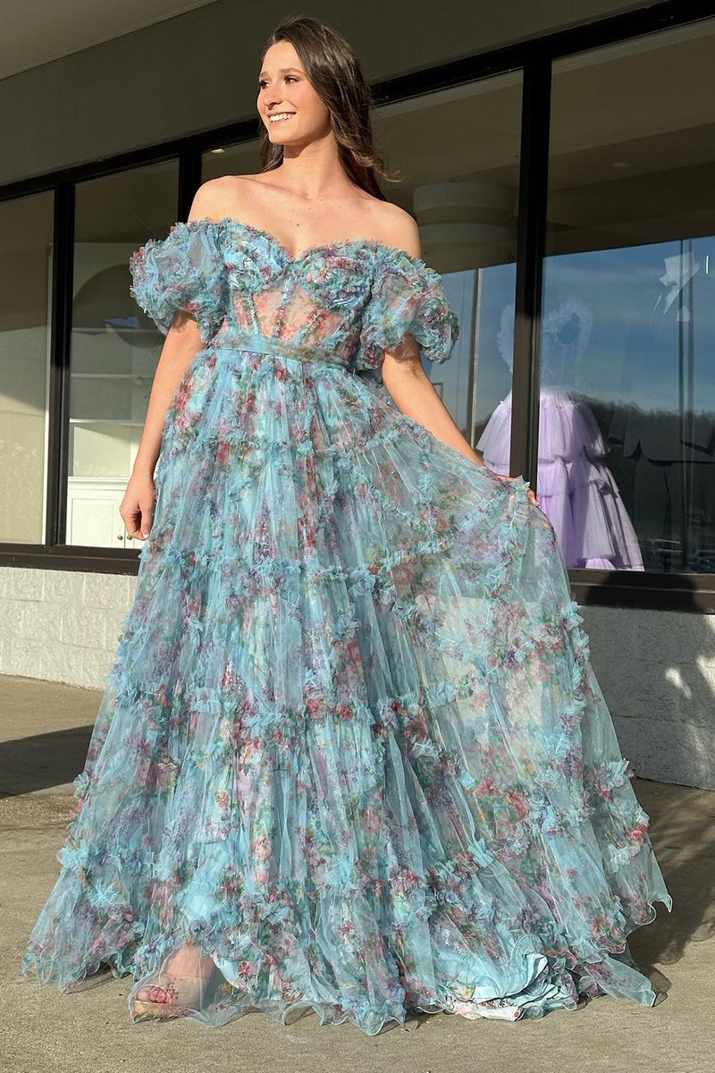 A Line Long Sweetheart Printed Tulle  Prom Dress