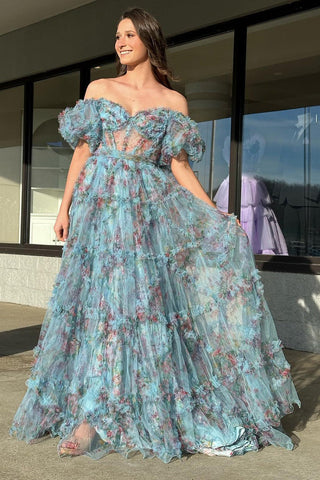 A Line Long Sweetheart Printed Tulle  Prom Dress