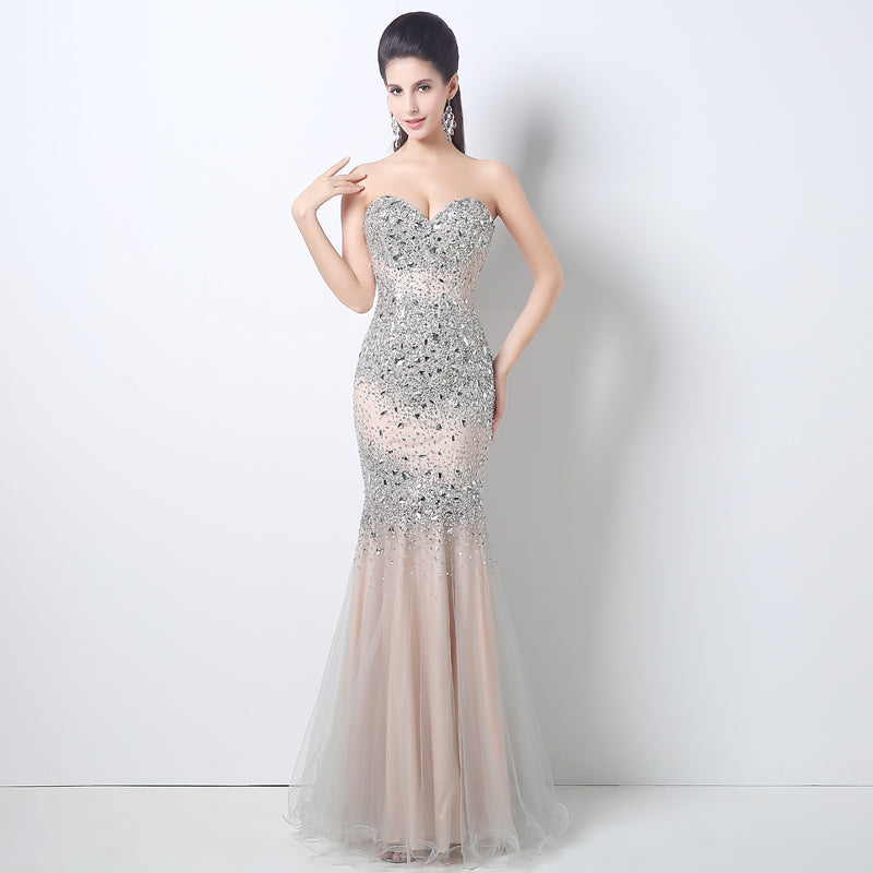 Silver - Embellished Sweetheart Mermaid Long Prom Dress, HY001