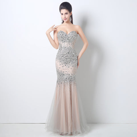 Silver - Embellished Sweetheart Mermaid Long Prom Dress, HY001